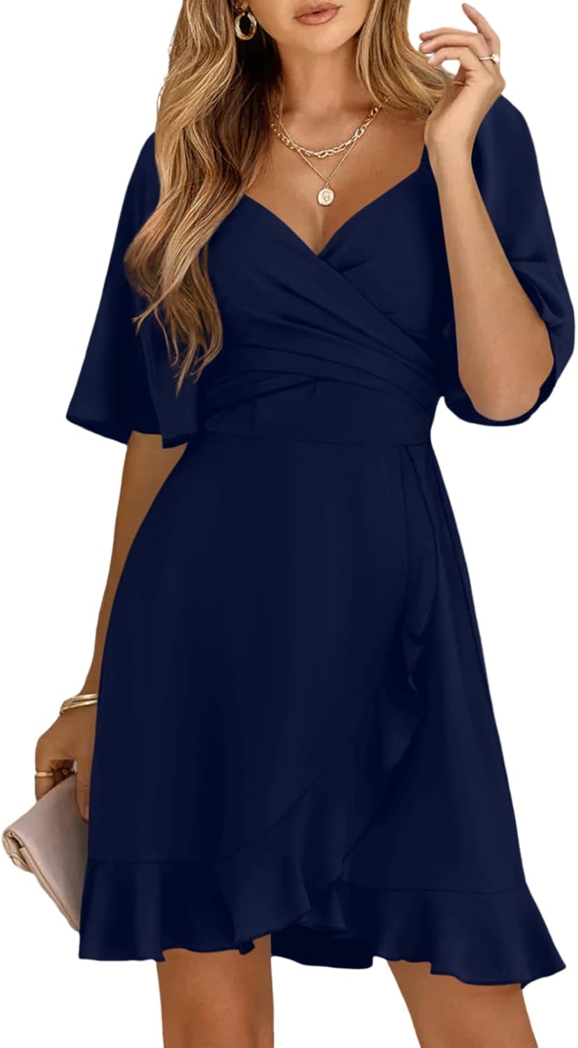 Dokotoo Women's Wrap V Neck Short Flared Sleeve Wedding Guest Dress Smocked Elastic Waist Tiered Belted Ruffle Hem Mini Dress - Image 16
