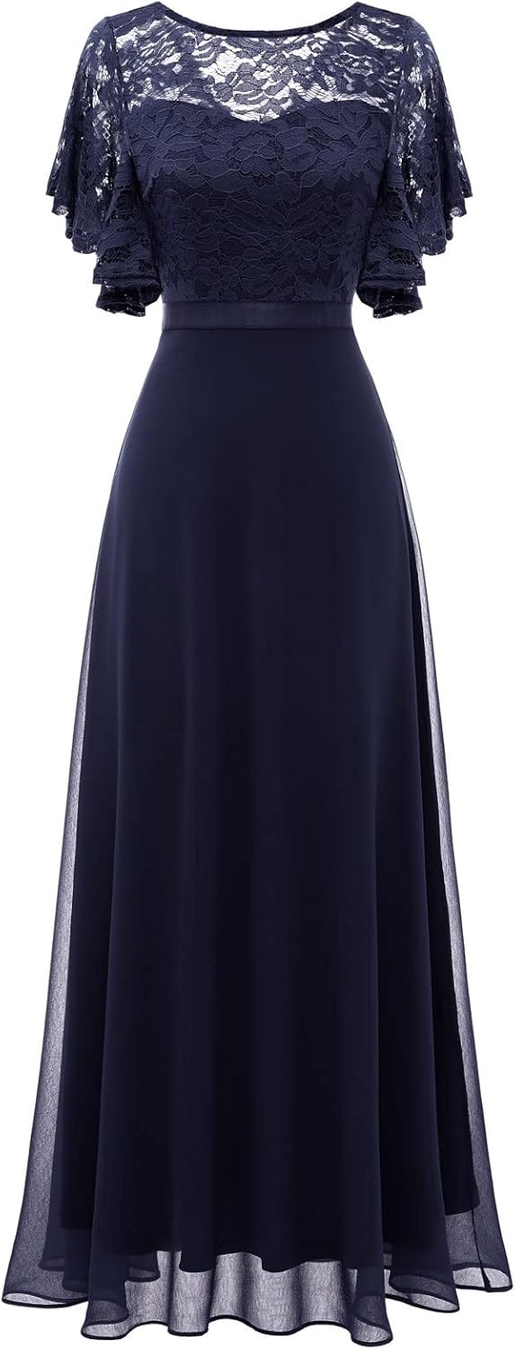 DRESSTELLS Womens Formal Dresses for Wedding Guest Bridesmaid Long Prom Empire Waist Lace Dress Evening Gown 2025