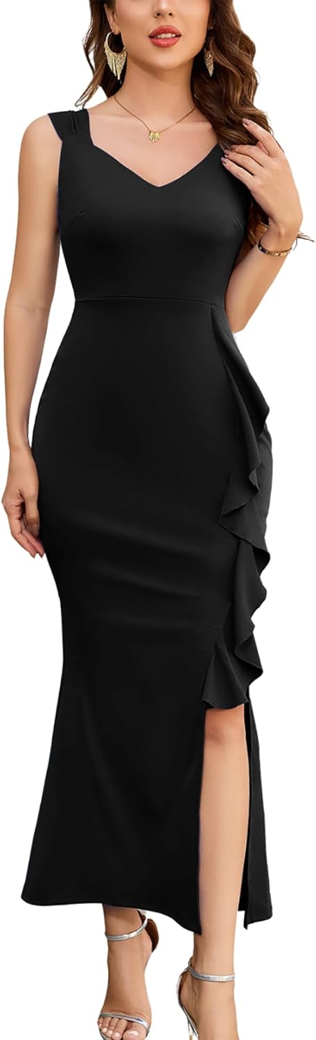 Dressystar Womens V Neck Maxi Formal Evening Dress Bodycon Sleeveless Mermaid Split Wedding Guest Cocktail Dresses