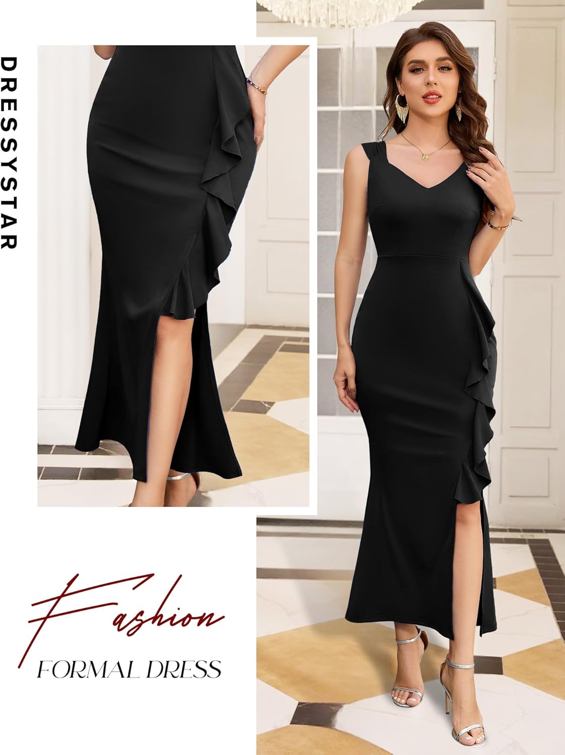 Dressystar Womens V Neck Maxi Formal Evening Dress Bodycon Sleeveless Mermaid Split Wedding Guest Cocktail Dresses - Image 4