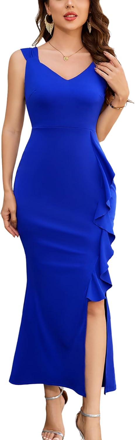 Dressystar Womens V Neck Maxi Formal Evening Dress Bodycon Sleeveless Mermaid Split Wedding Guest Cocktail Dresses - Image 9