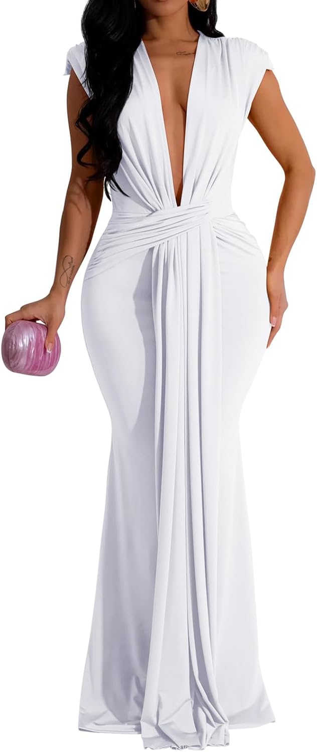 Ekaliy Elegant Bodycon Dresses for Women Deep V Neck Maxi Dress Mermaid Long Dress - Image 11