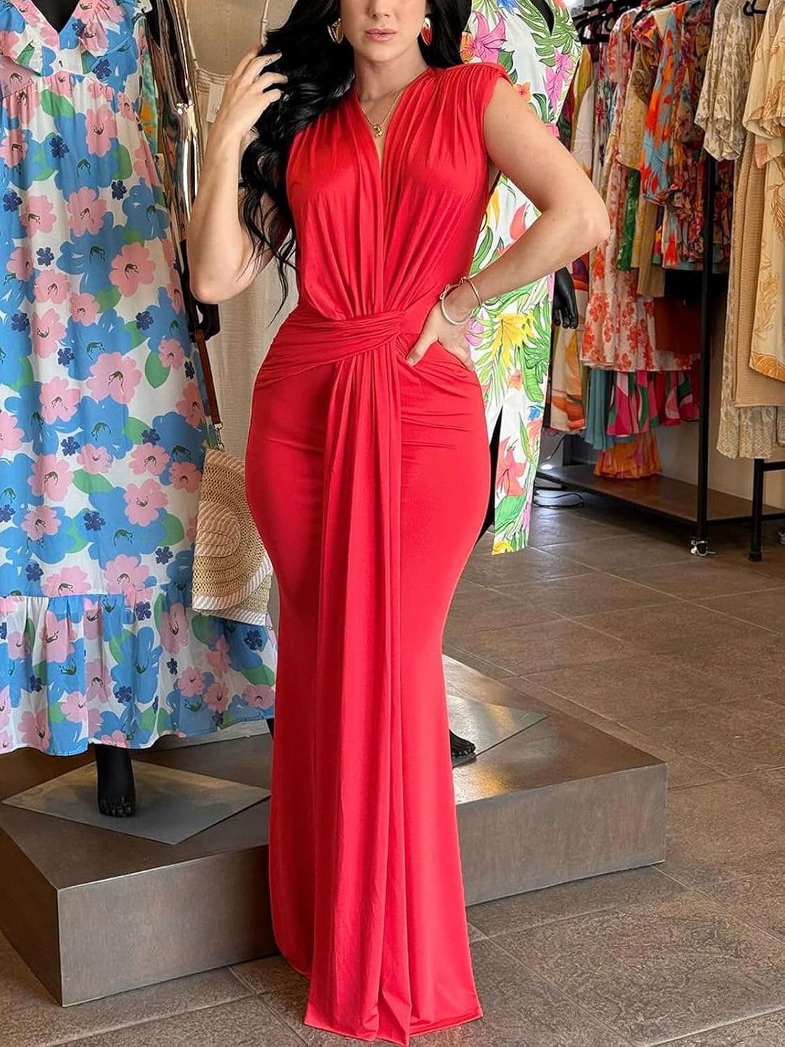 Ekaliy Elegant Bodycon Dresses for Women Deep V Neck Maxi Dress Mermaid Long Dress - Image 4