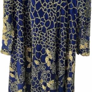 Elegant Evening Gown, Royal Blue with Green Embroidery, V-Neck Long Sleeve Formal Dress