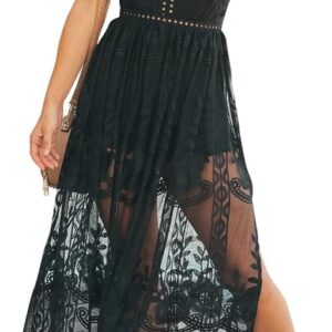 Eleter Women's Deep V-Neck Lace Romper Short Sleeve Long Dress