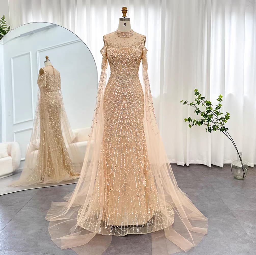 Engerla Long Sleeves Mermaid Evening Dress Luxurious Crystal Pearl Prom Dress Party Pageant Gown Sweep Train - Image 2