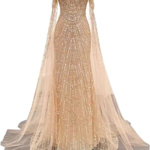 Engerla Long Sleeves Mermaid Evening Dress Luxurious Crystal Pearl Prom Dress Party Pageant Gown Sweep Train