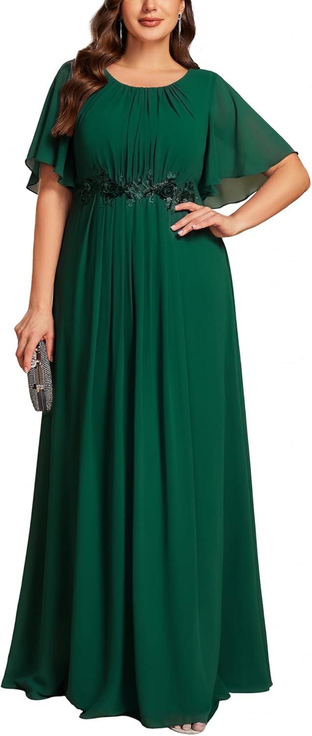 Ever-Pretty Plus Women's Round Neck Appliques Chiffon Short Sleeves Floor Length Plus Size Formal Dresses Evening Gowns - Image 6