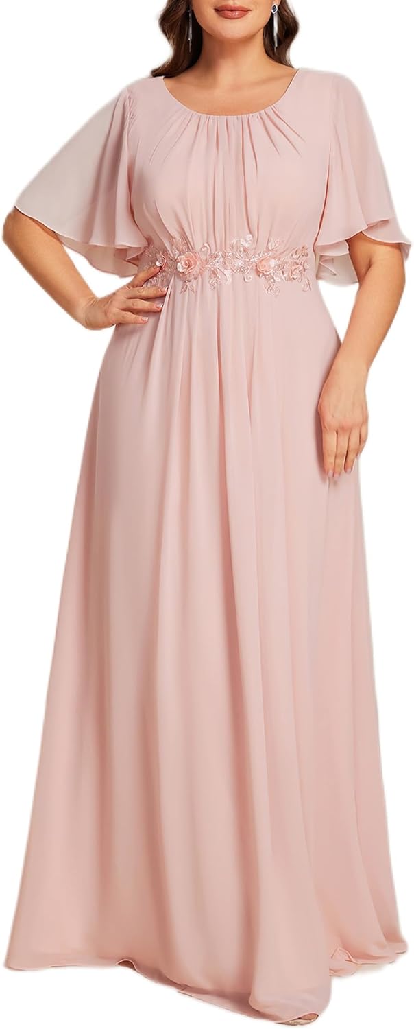 Ever-Pretty Plus Women's Round Neck Appliques Chiffon Short Sleeves Floor Length Plus Size Formal Dresses Evening Gowns