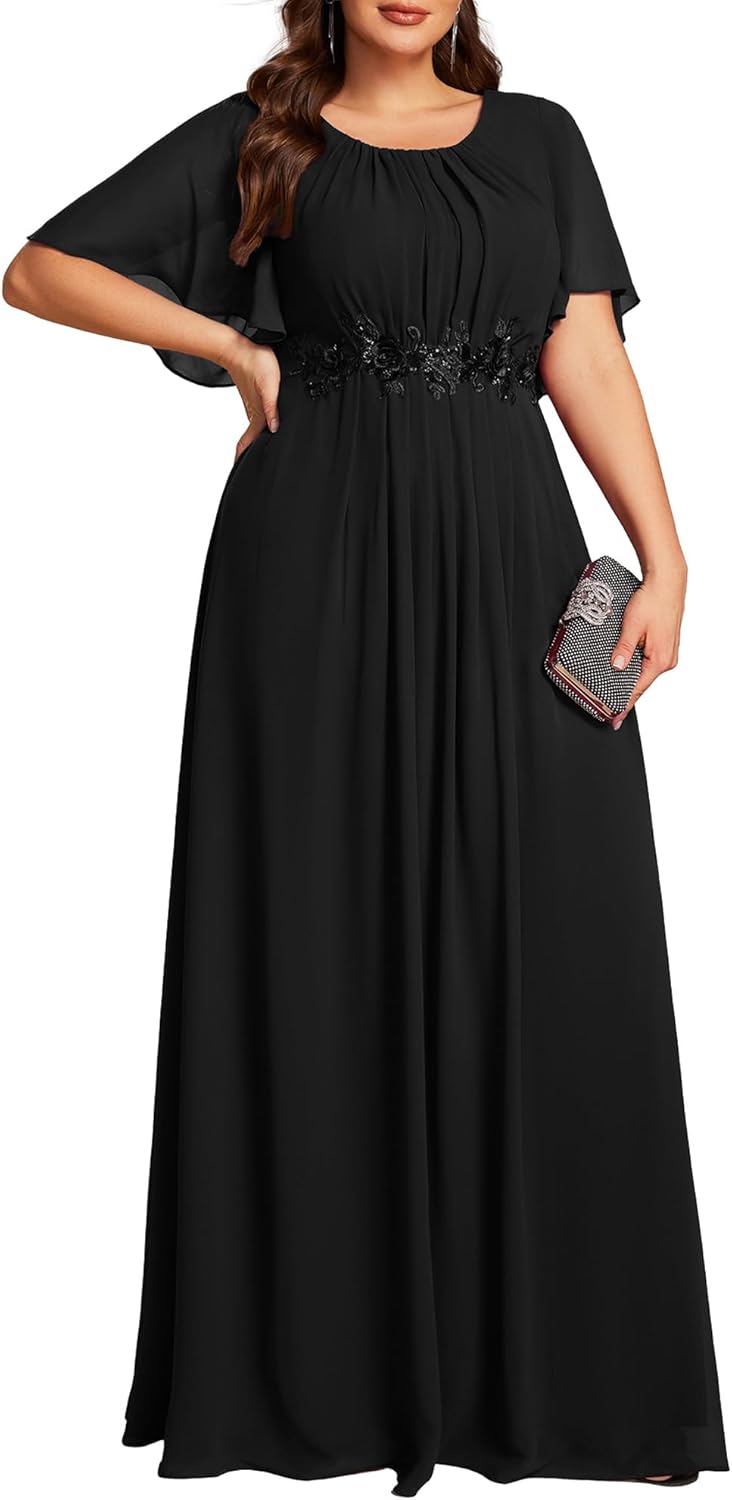 Ever-Pretty Plus Women's Round Neck Appliques Chiffon Short Sleeves Floor Length Plus Size Formal Dresses Evening Gowns - Image 9