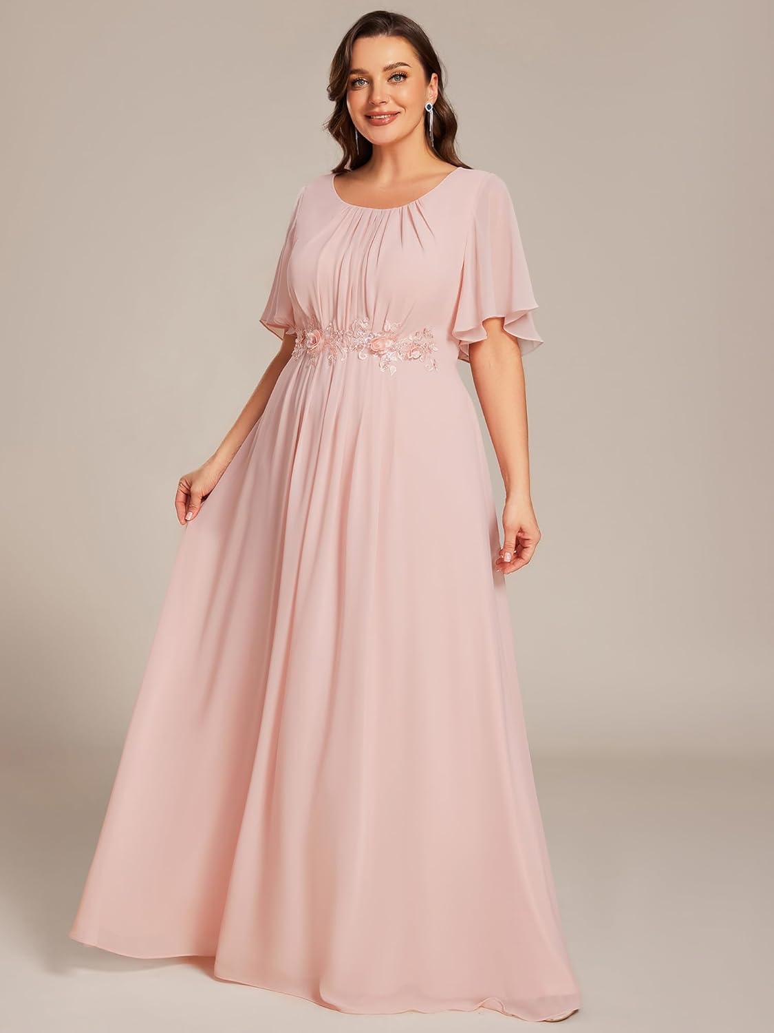 Ever-Pretty Plus Women's Round Neck Appliques Chiffon Short Sleeves Floor Length Plus Size Formal Dresses Evening Gowns - Image 3