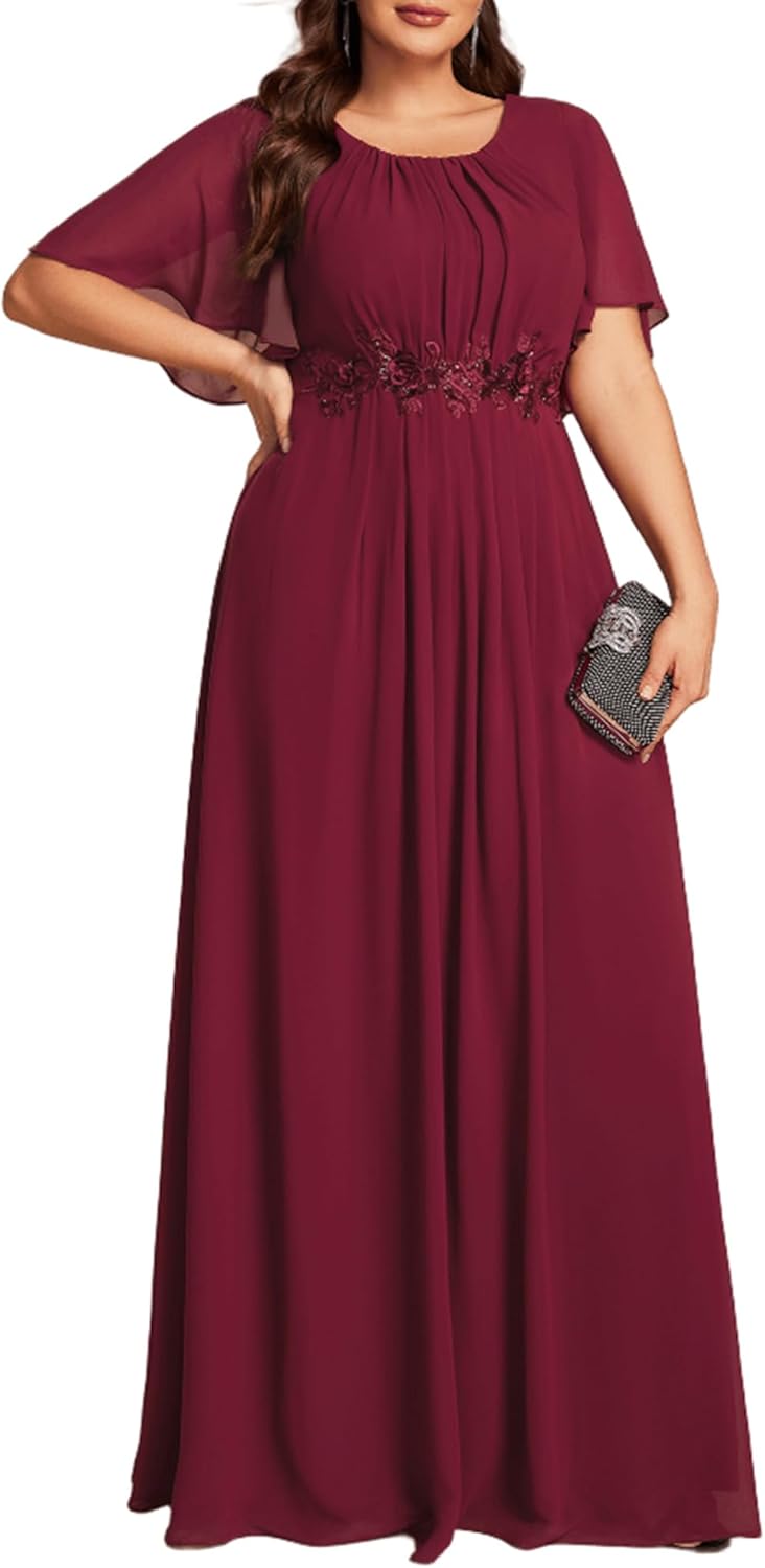Ever-Pretty Plus Women's Round Neck Appliques Chiffon Short Sleeves Floor Length Plus Size Formal Dresses Evening Gowns - Image 10