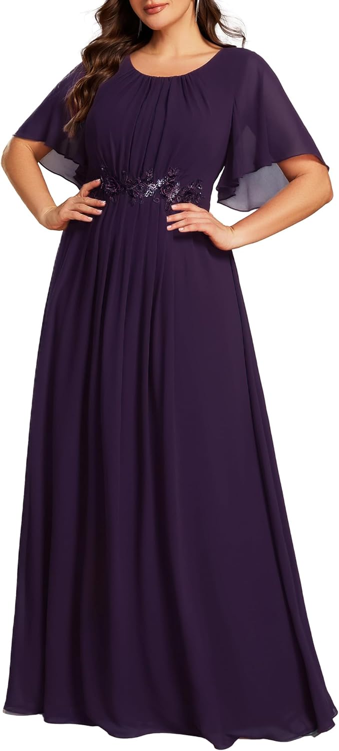 Ever-Pretty Plus Women's Round Neck Appliques Chiffon Short Sleeves Floor Length Plus Size Formal Dresses Evening Gowns - Image 16