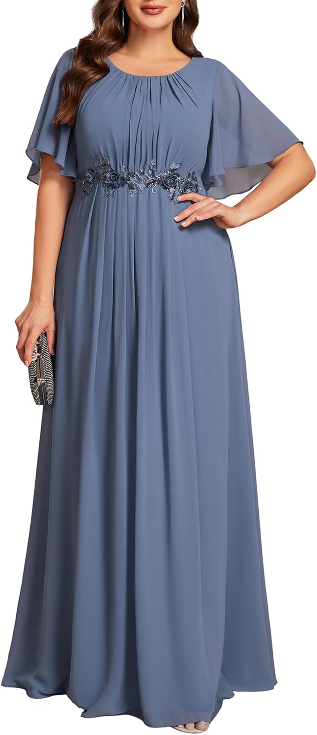 Ever-Pretty Plus Women's Round Neck Appliques Chiffon Short Sleeves Floor Length Plus Size Formal Dresses Evening Gowns - Image 7