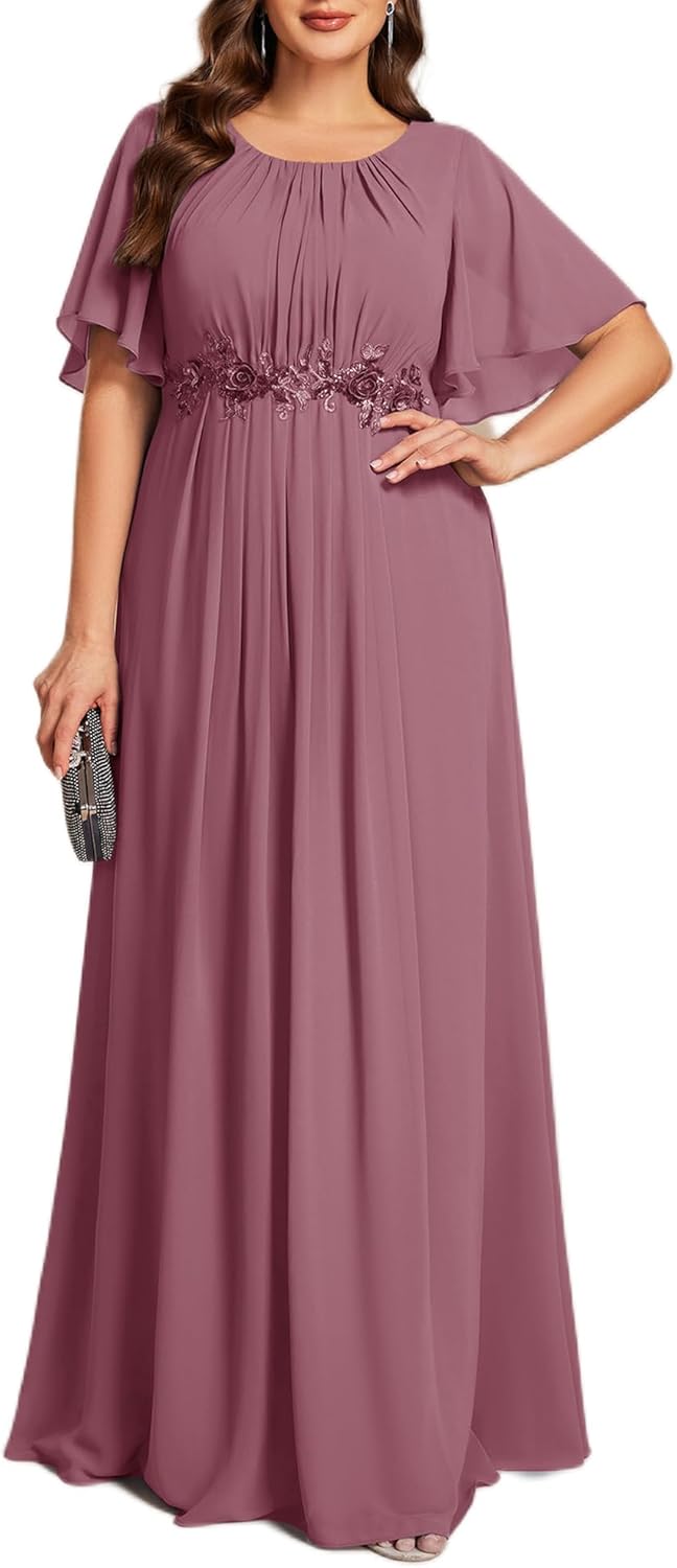 Ever-Pretty Plus Women's Round Neck Appliques Chiffon Short Sleeves Floor Length Plus Size Formal Dresses Evening Gowns - Image 11