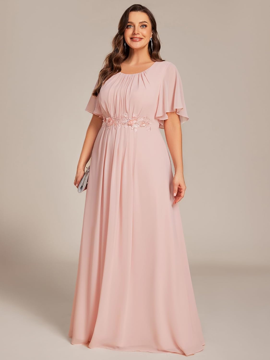 Ever-Pretty Plus Women's Round Neck Appliques Chiffon Short Sleeves Floor Length Plus Size Formal Dresses Evening Gowns - Image 4