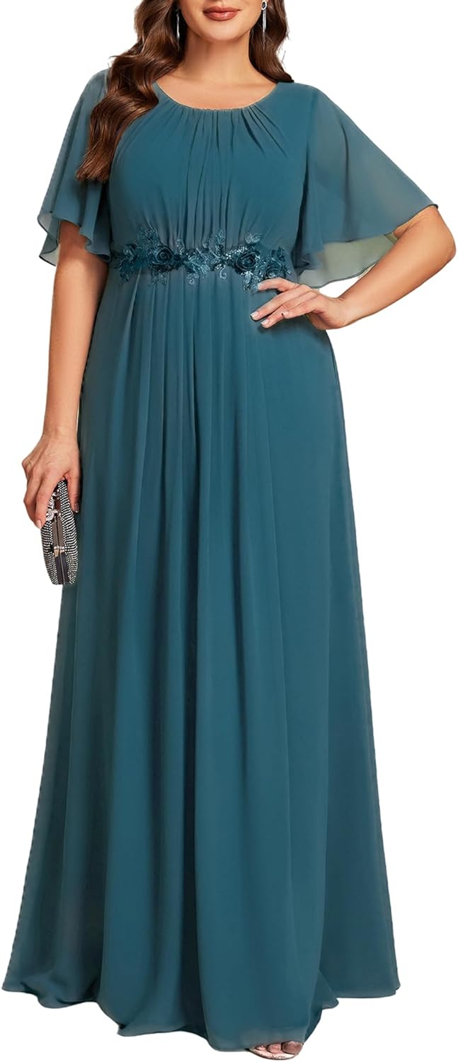 Ever-Pretty Plus Women's Round Neck Appliques Chiffon Short Sleeves Floor Length Plus Size Formal Dresses Evening Gowns - Image 8