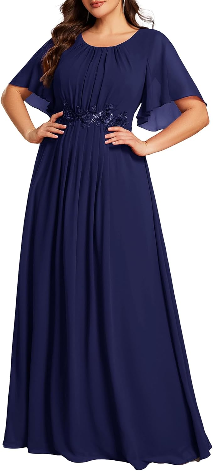Ever-Pretty Plus Women's Round Neck Appliques Chiffon Short Sleeves Floor Length Plus Size Formal Dresses Evening Gowns - Image 17