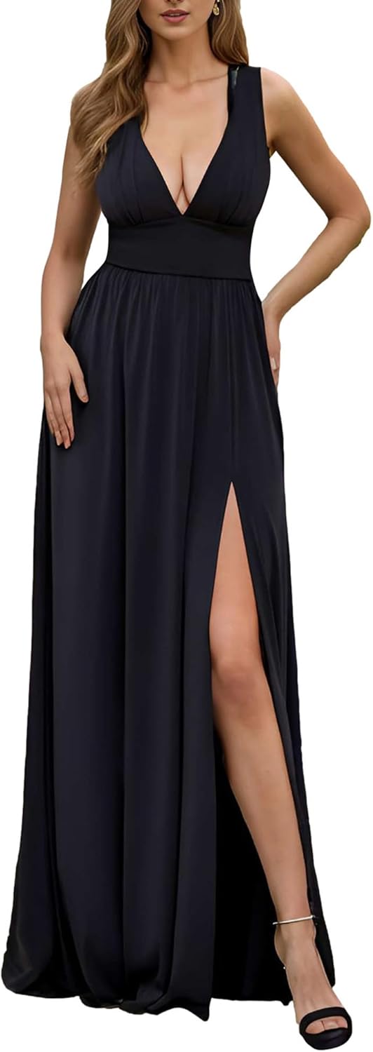 Ever-Pretty Women's Bridesmaid Dresses Deep V-Neck Sleeveless Side Slit Floor Length Wedding Guest Dress 0168B