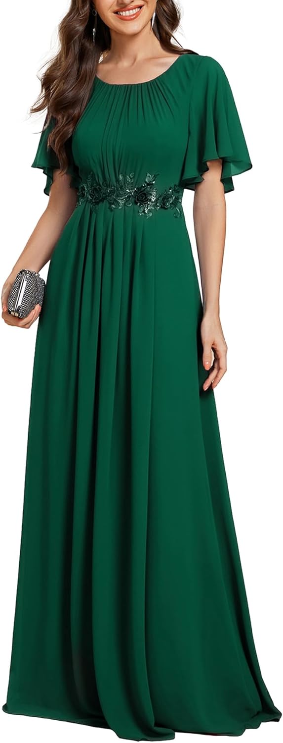 Ever-Pretty Women's Classic Round Neck Pleated Short Sleeves Chiffon Appliques Floor Length A Line Formal Evening Dresses - Image 14