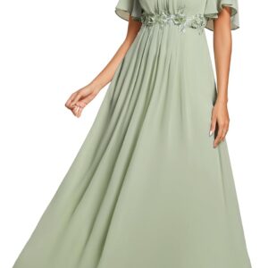 Ever-Pretty Women's Classic Round Neck Pleated Short Sleeves Chiffon Appliques Floor Length A Line Formal Evening Dresses
