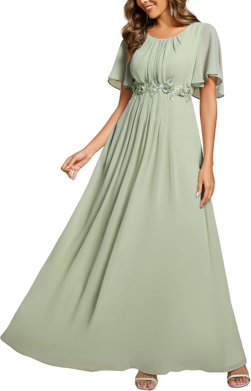 Ever-Pretty Women's Classic Round Neck Pleated Short Sleeves Chiffon Appliques Floor Length A Line Formal Evening Dresses
