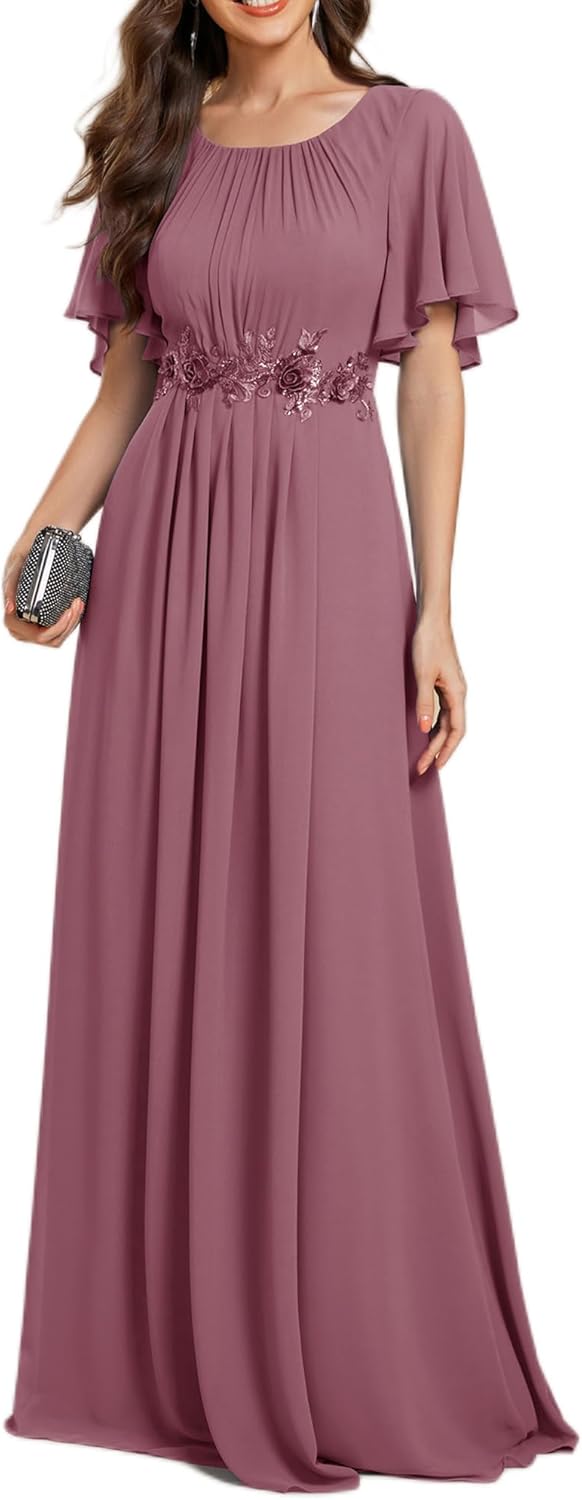 Ever-Pretty Women's Classic Round Neck Pleated Short Sleeves Chiffon Appliques Floor Length A Line Formal Evening Dresses - Image 19