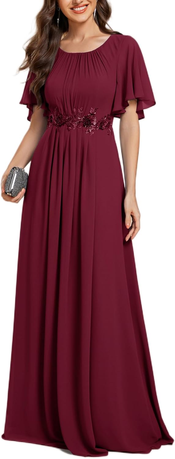 Ever-Pretty Women's Classic Round Neck Pleated Short Sleeves Chiffon Appliques Floor Length A Line Formal Evening Dresses - Image 17