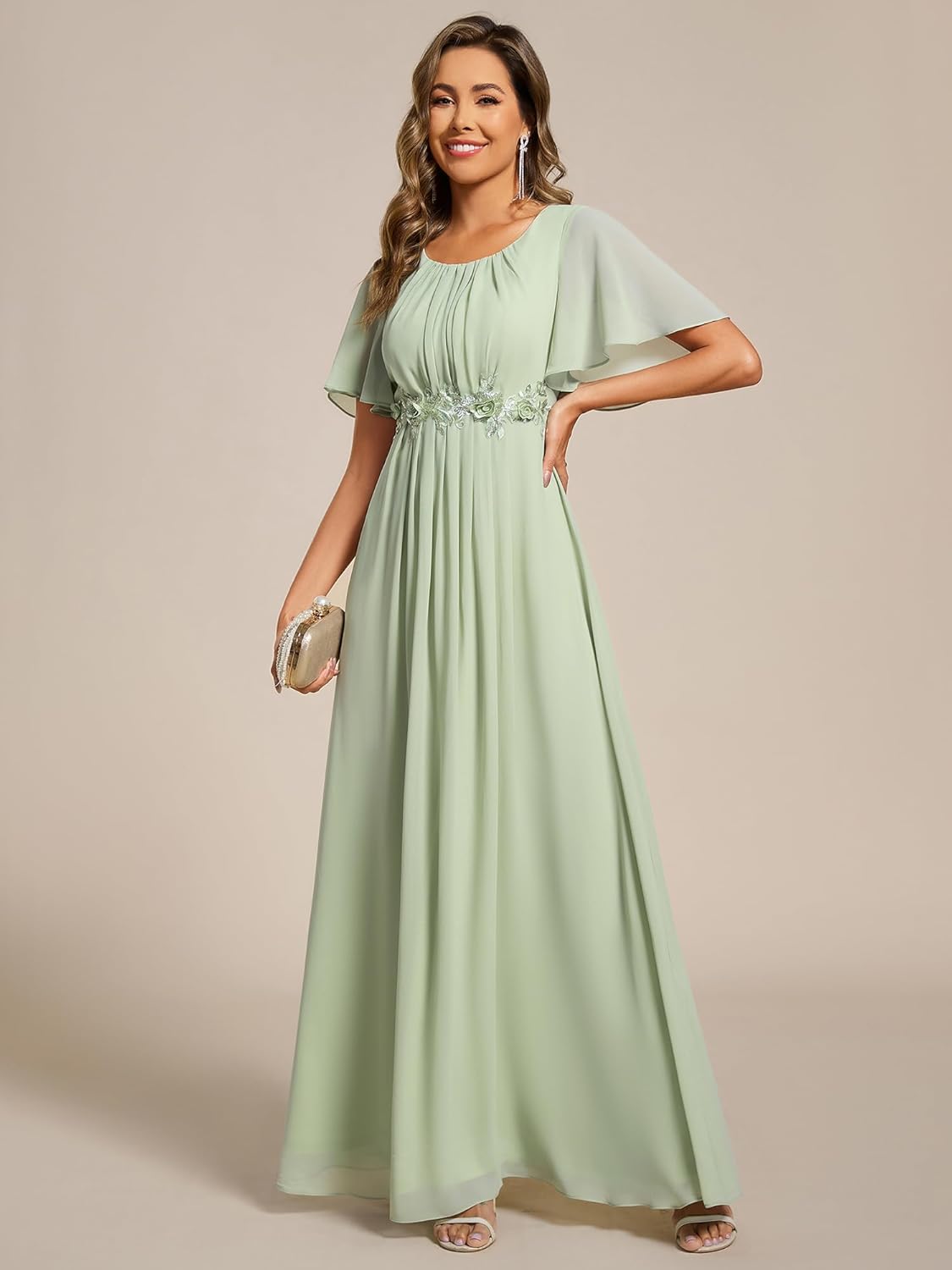 Ever-Pretty Women's Classic Round Neck Pleated Short Sleeves Chiffon Appliques Floor Length A Line Formal Evening Dresses - Image 3