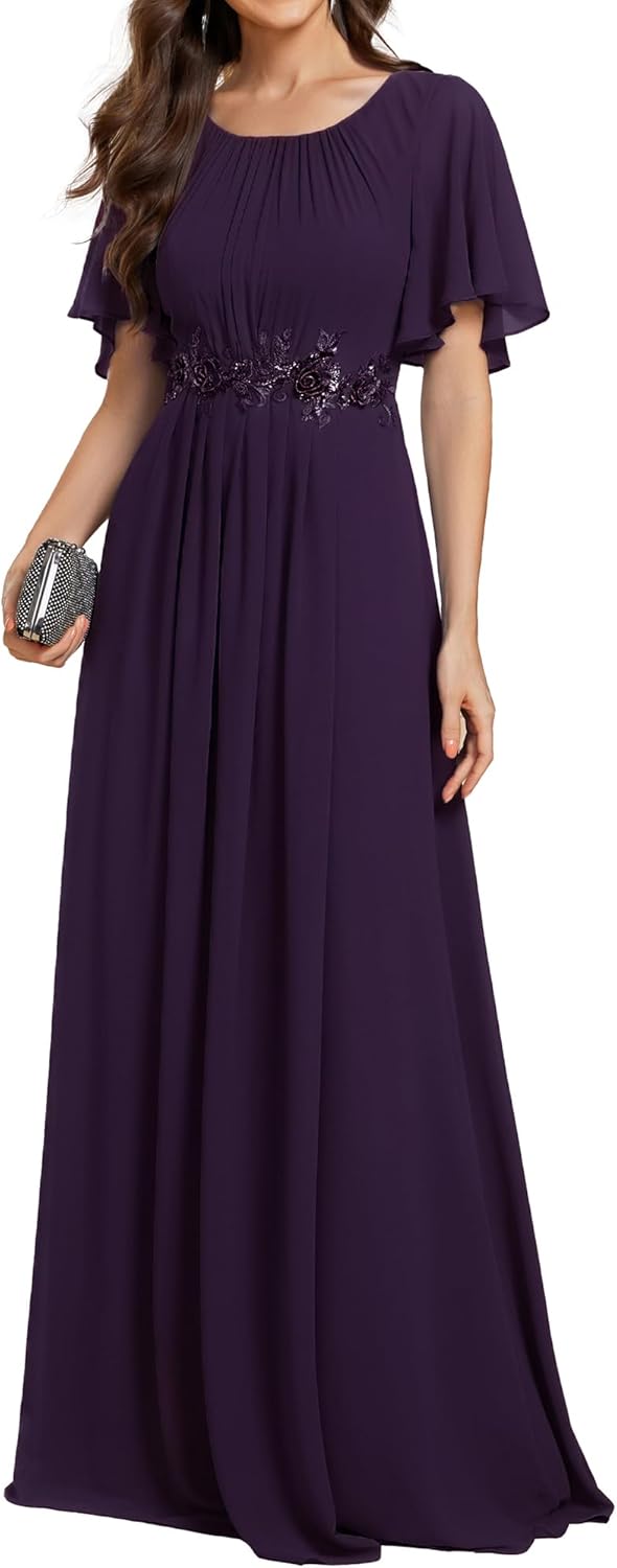 Ever-Pretty Women's Classic Round Neck Pleated Short Sleeves Chiffon Appliques Floor Length A Line Formal Evening Dresses - Image 16