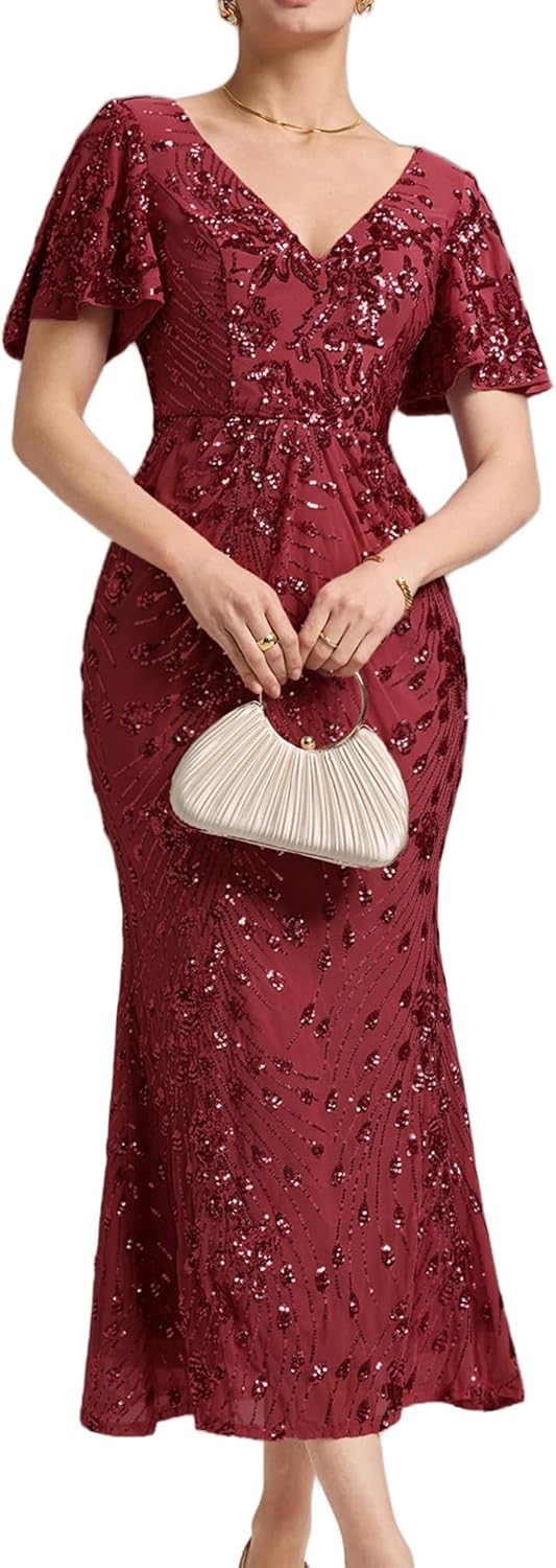 Ever-Pretty Women's Gorgeous V Neck Sequin Tulle Short Sleeves Bodycon Maxi Formal Evening Gowns 02370 - Image 11