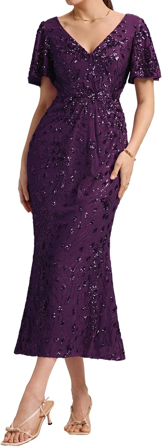 Ever-Pretty Women's Gorgeous V Neck Sequin Tulle Short Sleeves Bodycon Maxi Formal Evening Gowns 02370 - Image 14