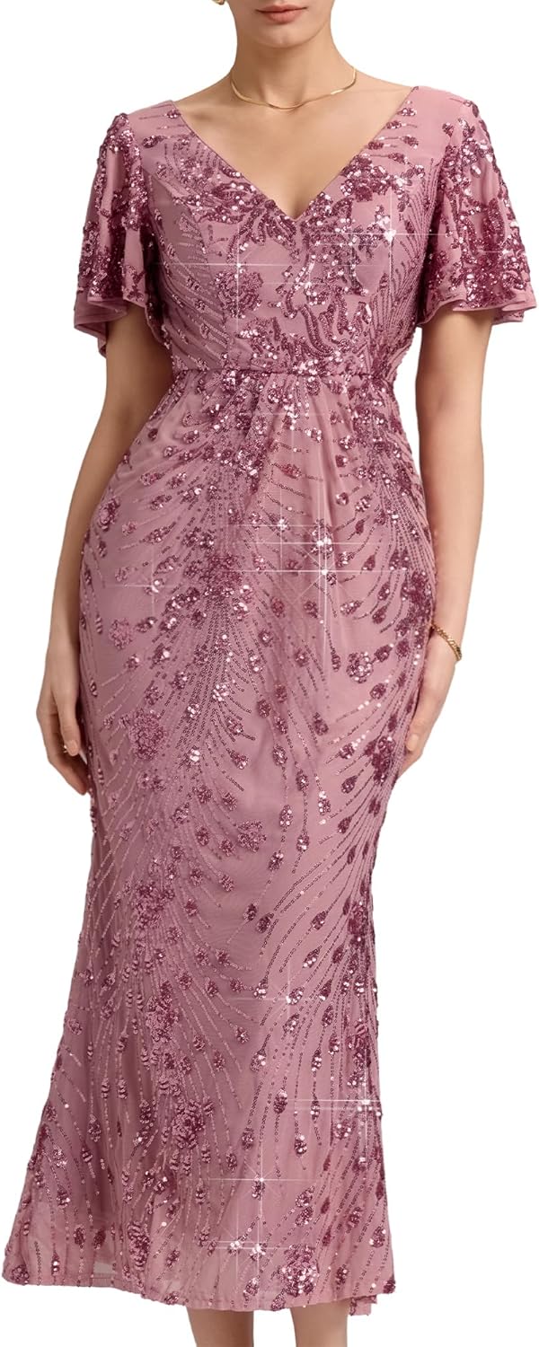 Ever-Pretty Women's Gorgeous V Neck Sequin Tulle Short Sleeves Bodycon Maxi Formal Evening Gowns 02370