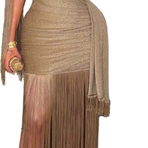 Geulis Womens Sexy Wedding Guest Dress Elegant One Shlouder Fringe Dress Flowy Bodycon Sparkly Glitter Evening Dresses