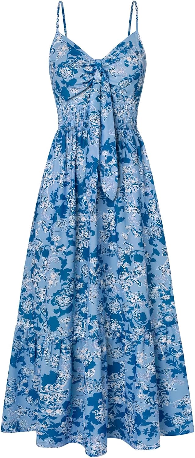 GRACE KARIN Women's 2025 Summer Maxi Dress Floral Tie Front Spaghetti Strap Casual Boho Beach Flowy Sundress with Pockets - Image 28