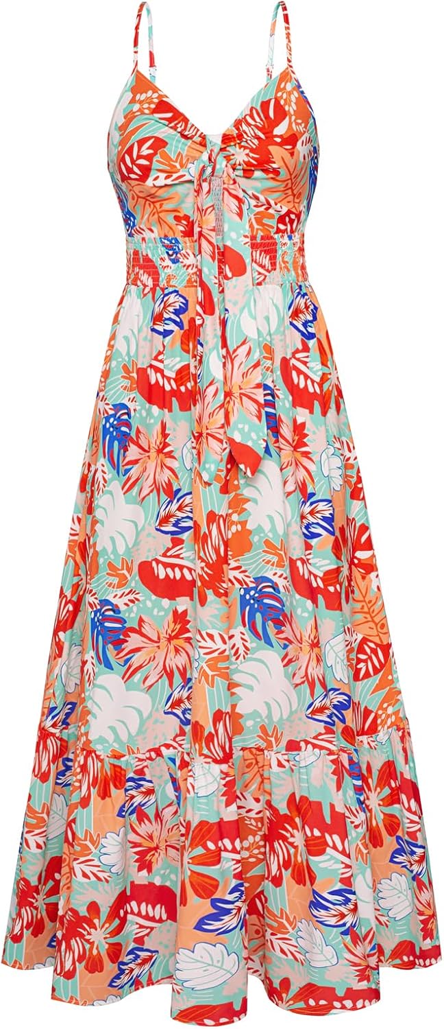 GRACE KARIN Women's 2025 Summer Maxi Dress Floral Tie Front Spaghetti Strap Casual Boho Beach Flowy Sundress with Pockets - Image 25