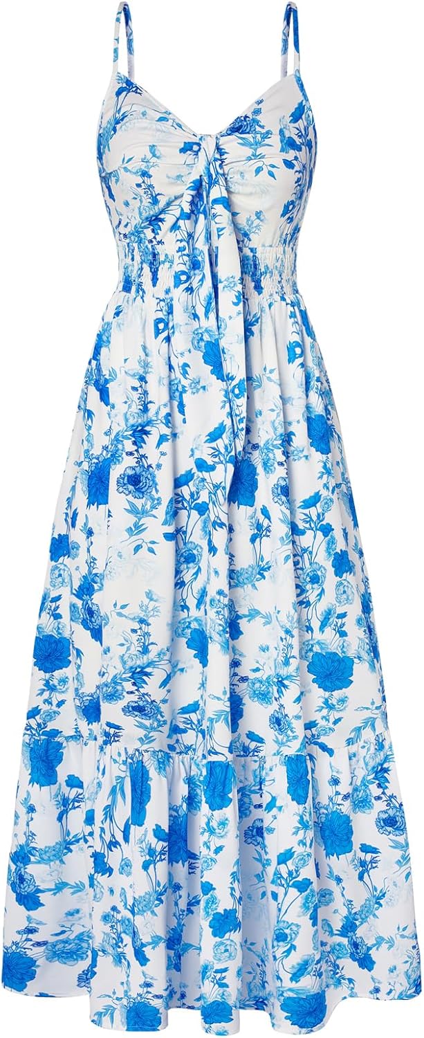 GRACE KARIN Women's 2025 Summer Maxi Dress Floral Tie Front Spaghetti Strap Casual Boho Beach Flowy Sundress with Pockets - Image 26