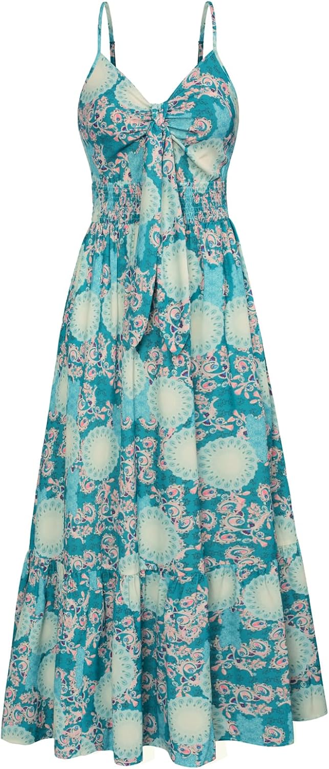 GRACE KARIN Women's 2025 Summer Maxi Dress Floral Tie Front Spaghetti Strap Casual Boho Beach Flowy Sundress with Pockets - Image 36