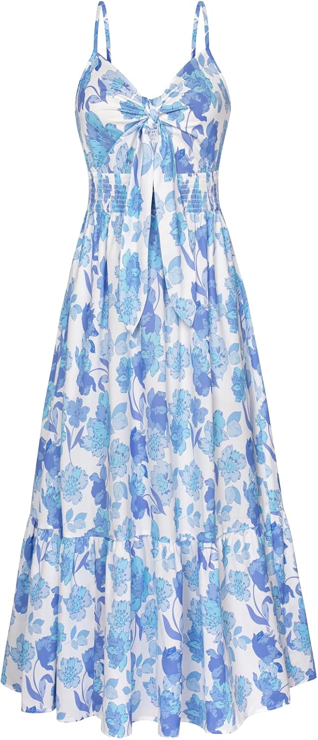 GRACE KARIN Women's 2025 Summer Maxi Dress Floral Tie Front Spaghetti Strap Casual Boho Beach Flowy Sundress with Pockets - Image 27