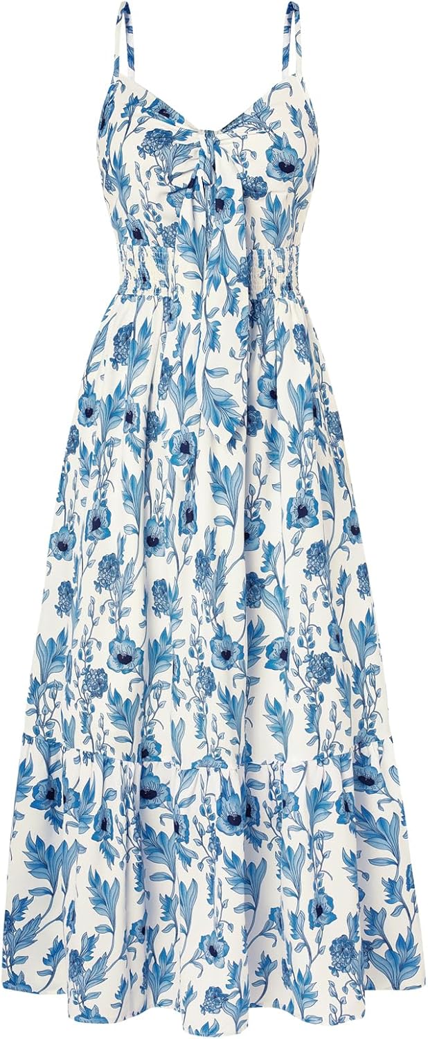 GRACE KARIN Women's 2025 Summer Maxi Dress Floral Tie Front Spaghetti Strap Casual Boho Beach Flowy Sundress with Pockets - Image 33