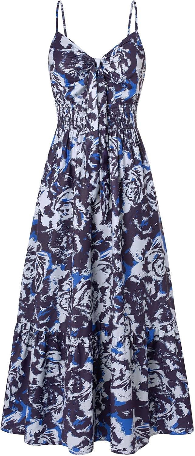 GRACE KARIN Women's 2025 Summer Maxi Dress Floral Tie Front Spaghetti Strap Casual Boho Beach Flowy Sundress with Pockets - Image 10