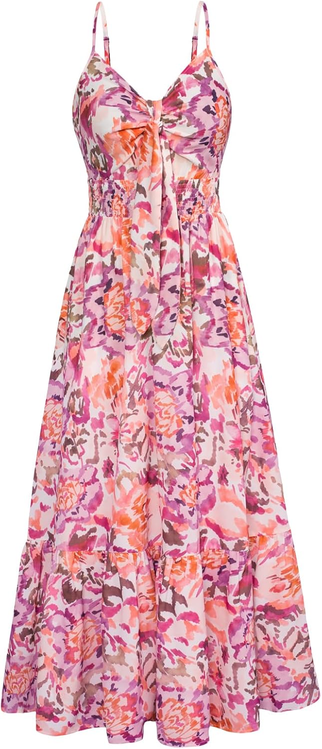 GRACE KARIN Women's 2025 Summer Maxi Dress Floral Tie Front Spaghetti Strap Casual Boho Beach Flowy Sundress with Pockets - Image 39