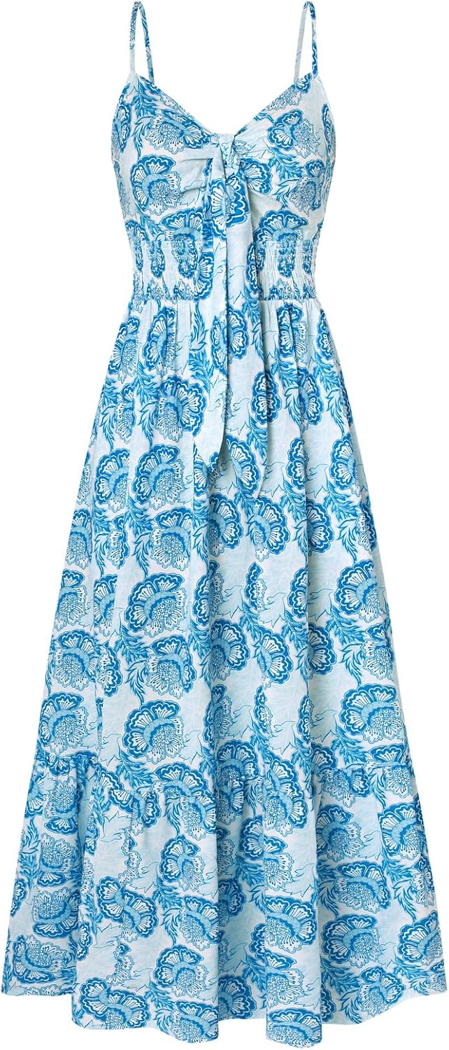 GRACE KARIN Women's 2025 Summer Maxi Dress Floral Tie Front Spaghetti Strap Casual Boho Beach Flowy Sundress with Pockets - Image 23