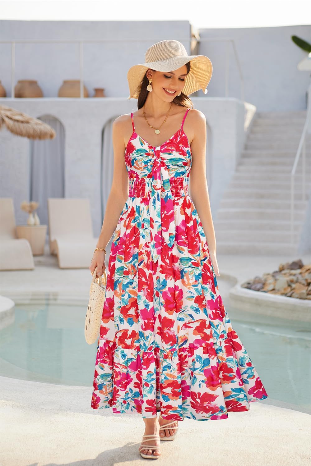 GRACE KARIN Women's 2025 Summer Maxi Dress Floral Tie Front Spaghetti Strap Casual Boho Beach Flowy Sundress with Pockets - Image 4