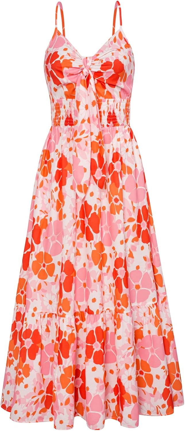 GRACE KARIN Women's 2025 Summer Maxi Dress Floral Tie Front Spaghetti Strap Casual Boho Beach Flowy Sundress with Pockets - Image 31