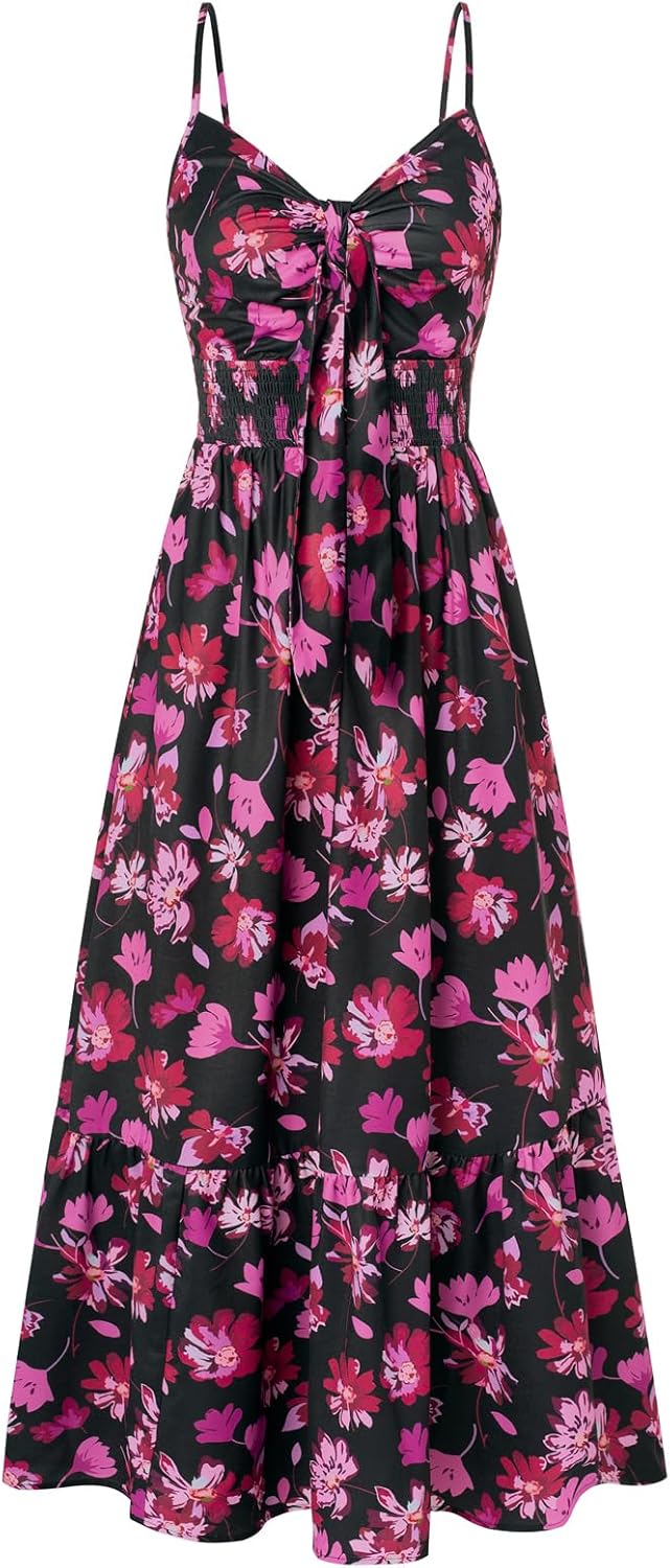 GRACE KARIN Women's 2025 Summer Maxi Dress Floral Tie Front Spaghetti Strap Casual Boho Beach Flowy Sundress with Pockets - Image 29