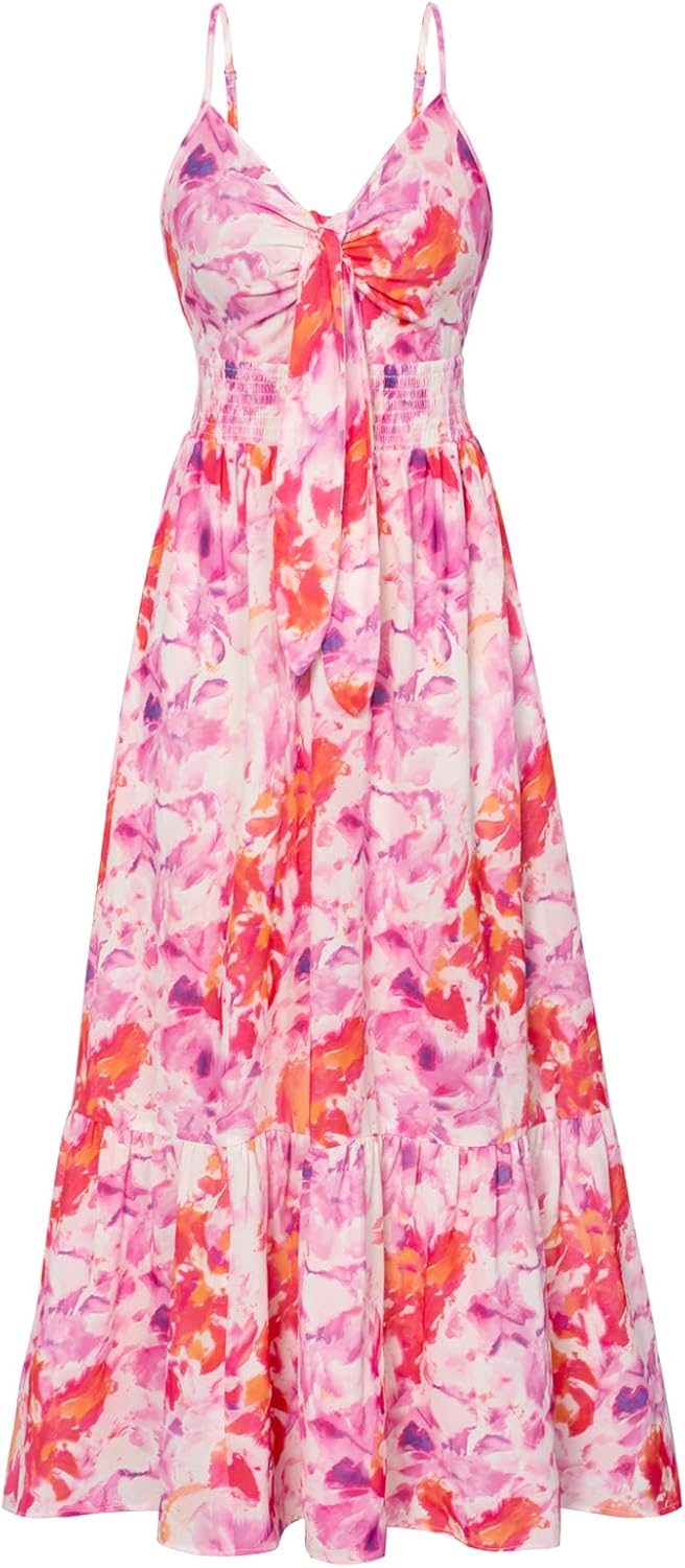 GRACE KARIN Women's 2025 Summer Maxi Dress Floral Tie Front Spaghetti Strap Casual Boho Beach Flowy Sundress with Pockets - Image 6