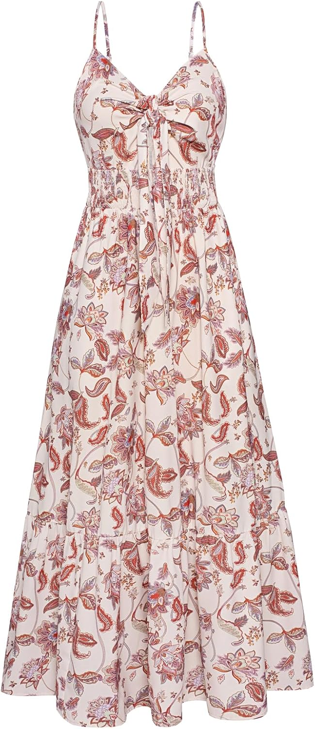 GRACE KARIN Women's 2025 Summer Maxi Dress Floral Tie Front Spaghetti Strap Casual Boho Beach Flowy Sundress with Pockets - Image 9