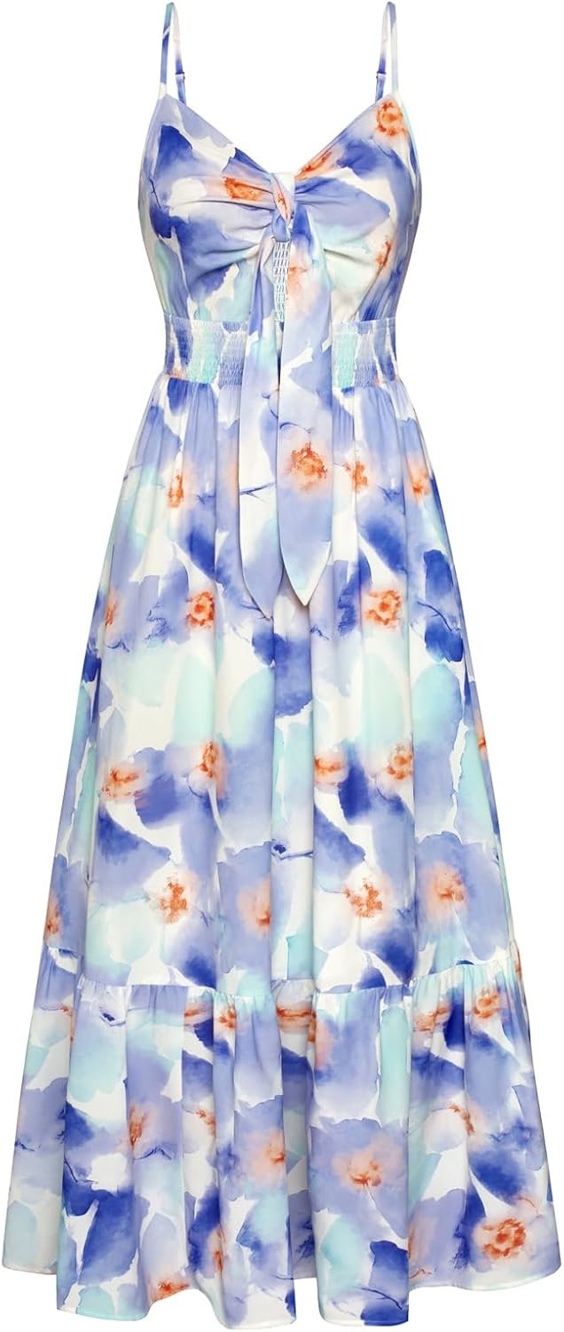 GRACE KARIN Women's 2025 Summer Maxi Dress Floral Tie Front Spaghetti Strap Casual Boho Beach Flowy Sundress with Pockets - Image 37