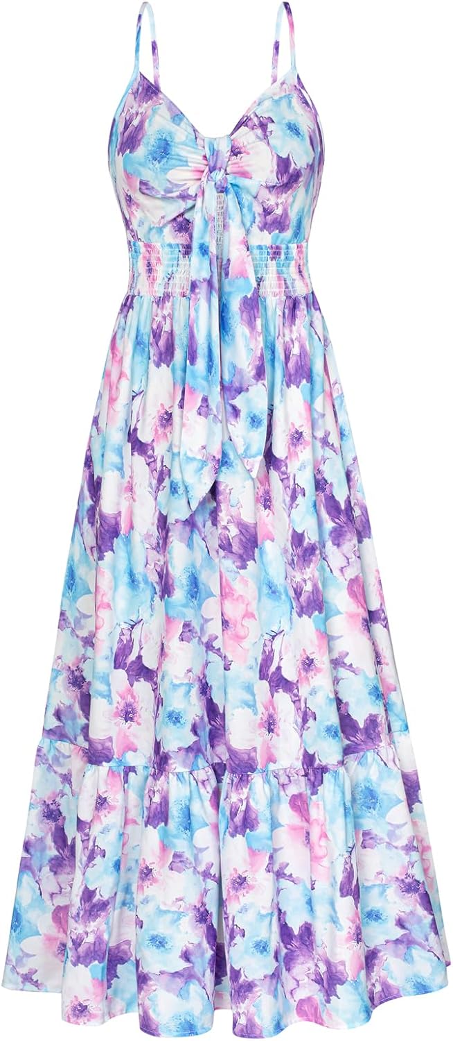 GRACE KARIN Women's 2025 Summer Maxi Dress Floral Tie Front Spaghetti Strap Casual Boho Beach Flowy Sundress with Pockets - Image 12